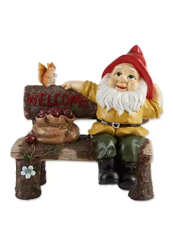 Summerfield Terrace Garden Gnome and Squirrel on Welcome Bench